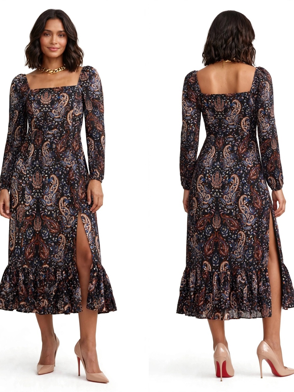 Karen Millen Black Paisley Midi Dress with Puff Sleeves